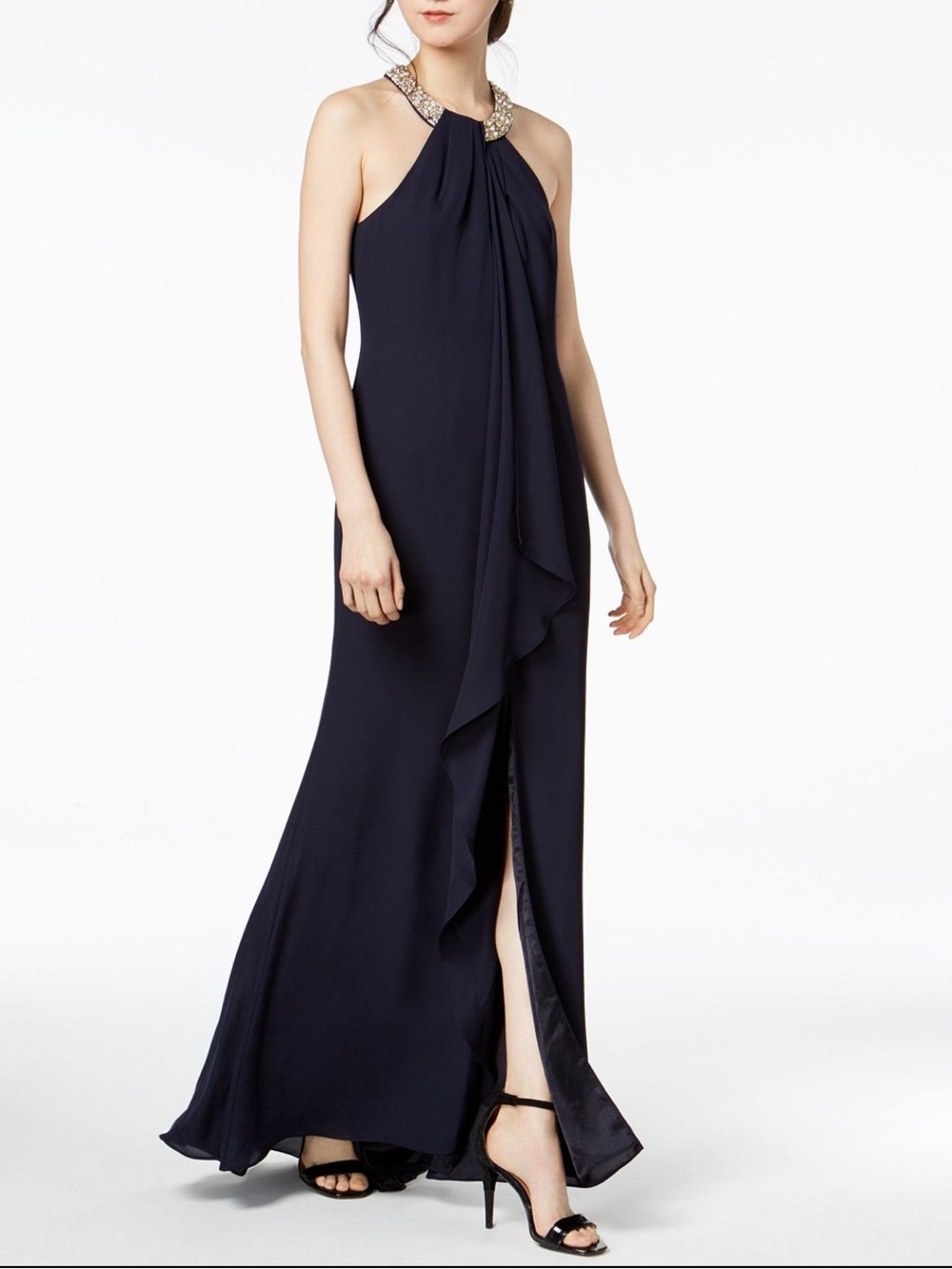 Calvin Klein Navy Halter Maxi Dress with Jeweled Neck